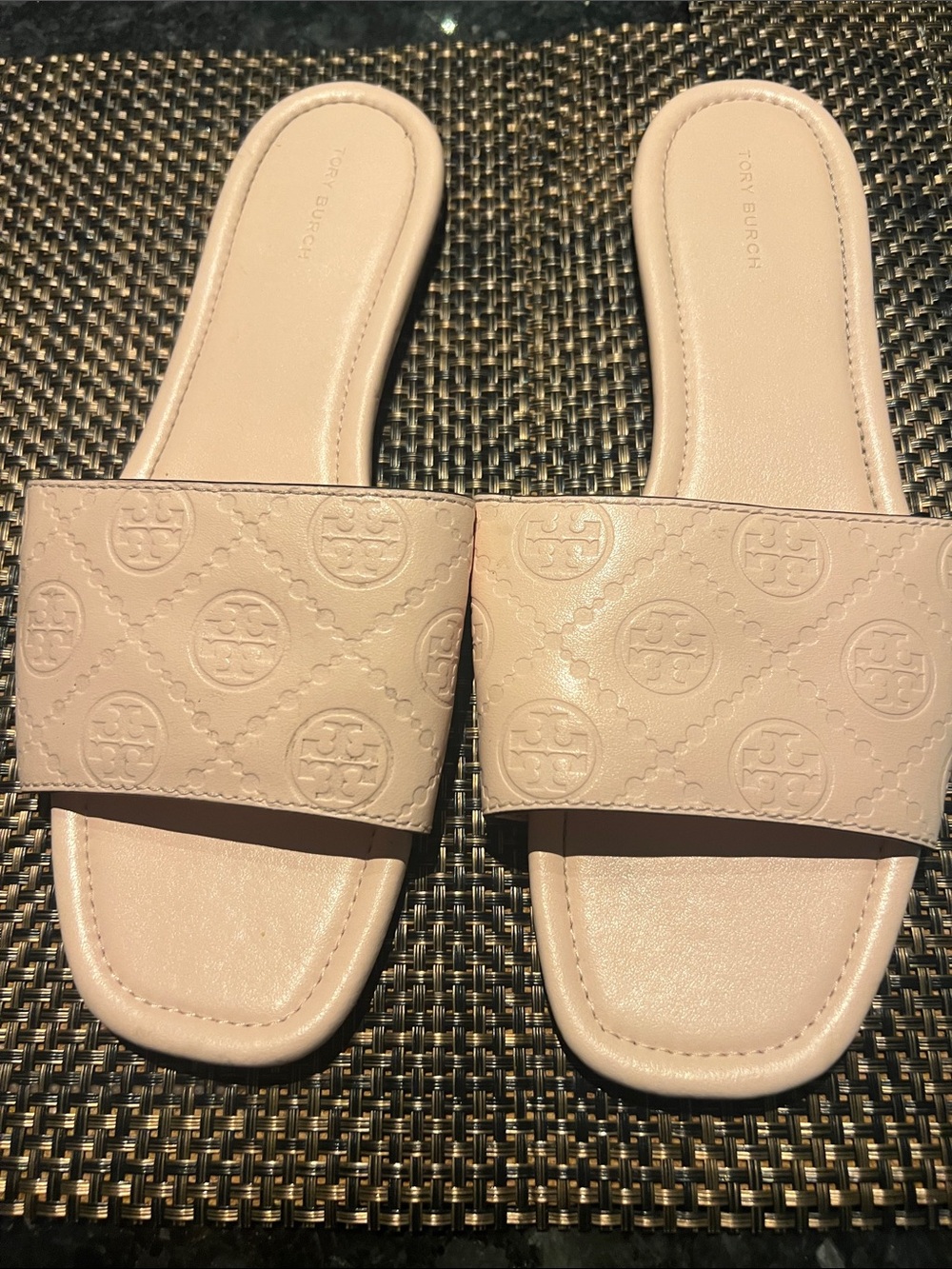 Tory Burch Sandals T Monogram Slides in Blush Pink Leather Sz 10